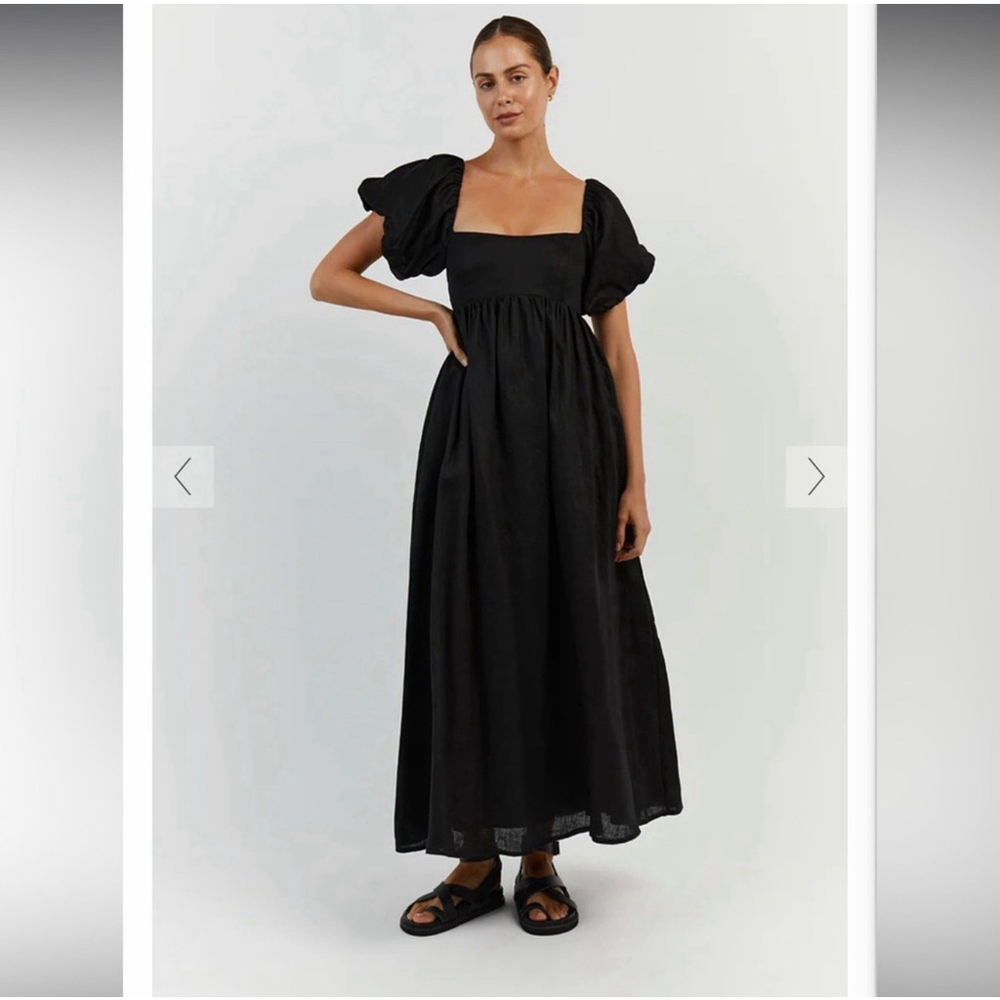 Dissh Monty Linen Black Maxi Dress Pockets Square Neck Puff Sleeves Lined US 6